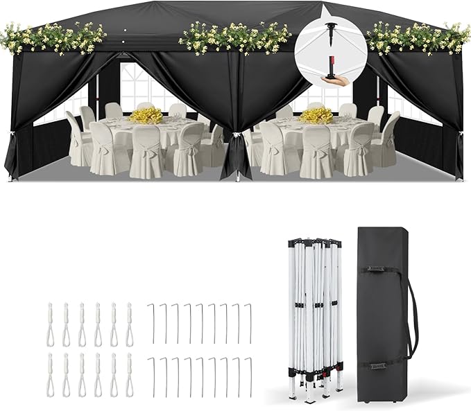 VINGLI 10x20 Pop Up Canopy Tent with Sidewalls, Outdoor Gazebo Canopy Tent, Patio Event Tents Outdoor Event Shelter for Parties (Black)