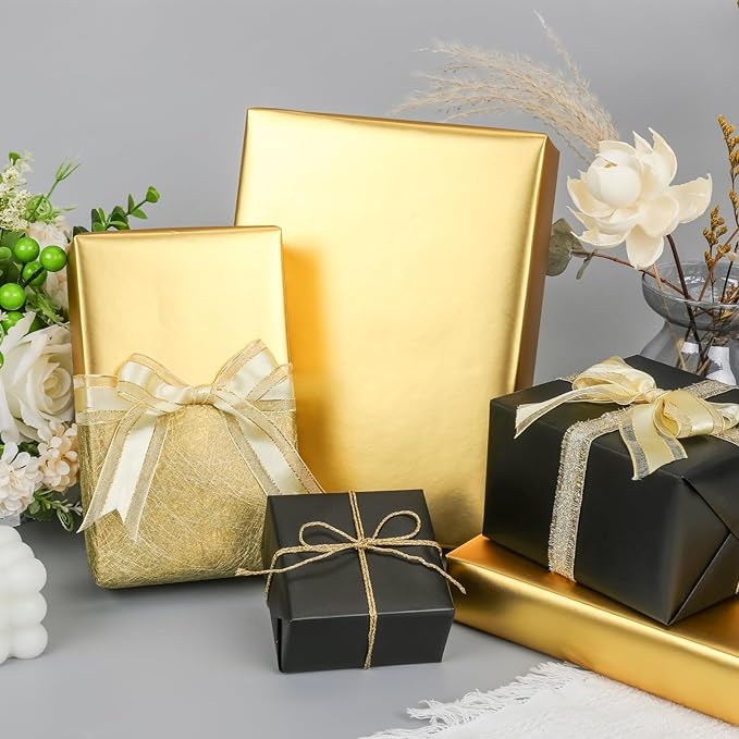 NESCCI Matte Metal Gold Wrapping Paper, Solid Color Paper-2 Roll,17 Inches X 32.8 Feet Per Roll,Gift Wrapping Paper,Perfect for Wedding,Valentine's Day,Birthday,Baby Shower,DIY Bouquet