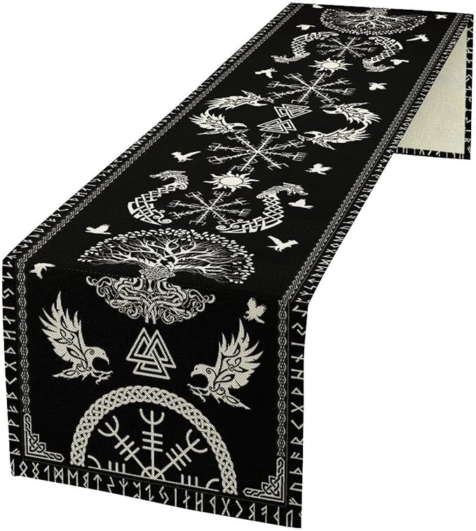 Viking Table Runner, Black Viking Tree of Life Raven Helmet of Awe Table Runner for Kitchen Dining Home Party 13x60in
