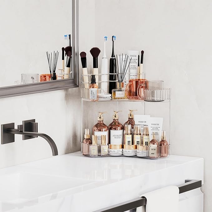 Asayuee 2-Tier Corner Bathroom Counter Organizer with Top Toothbrush Holders,Large Makeup Organizer Countertop with Brush Holder,Skincare Organizers Corner,Exquisite Vanity Organizer(Clear, 2 Tier)