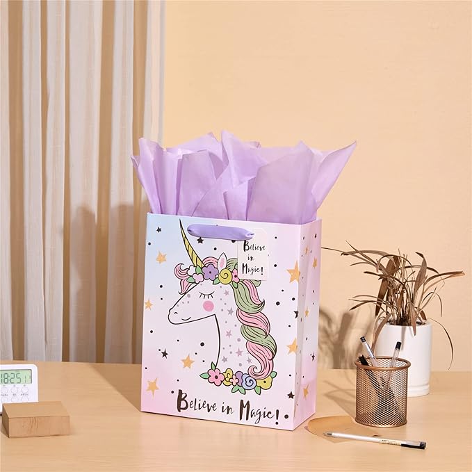 Bobobag 13" Large Gift Bag with Tissue Paper for Girls happy Birthday gift bags (Unicorn)