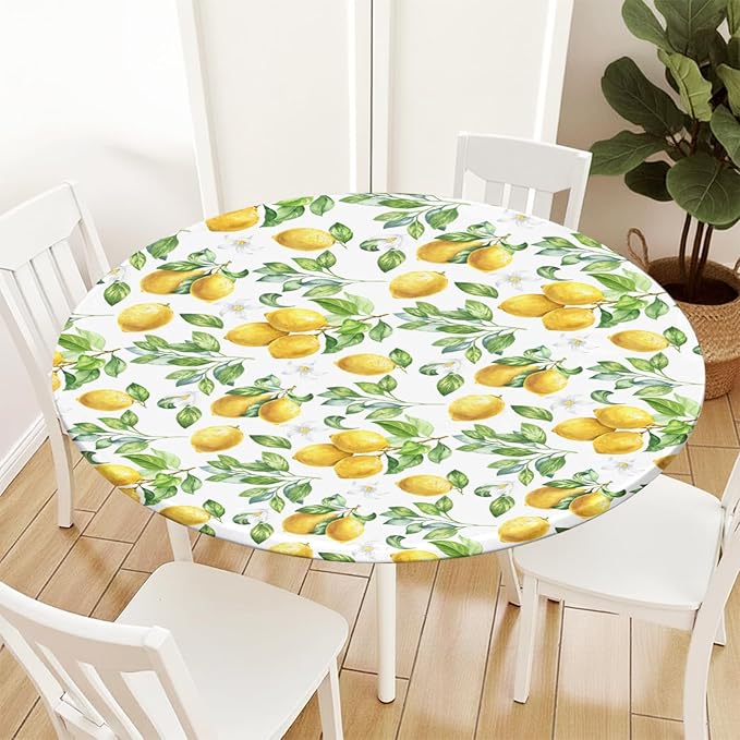 Lemon Round Fitted Tablecloth with Elastic Spring Summer Yellow Lemons Circle Table Cloth for 36-40" Round Tables Wipeable Waterproof Lemonade Party Farmhouse Table Cover for Picnic Dining Outdoor