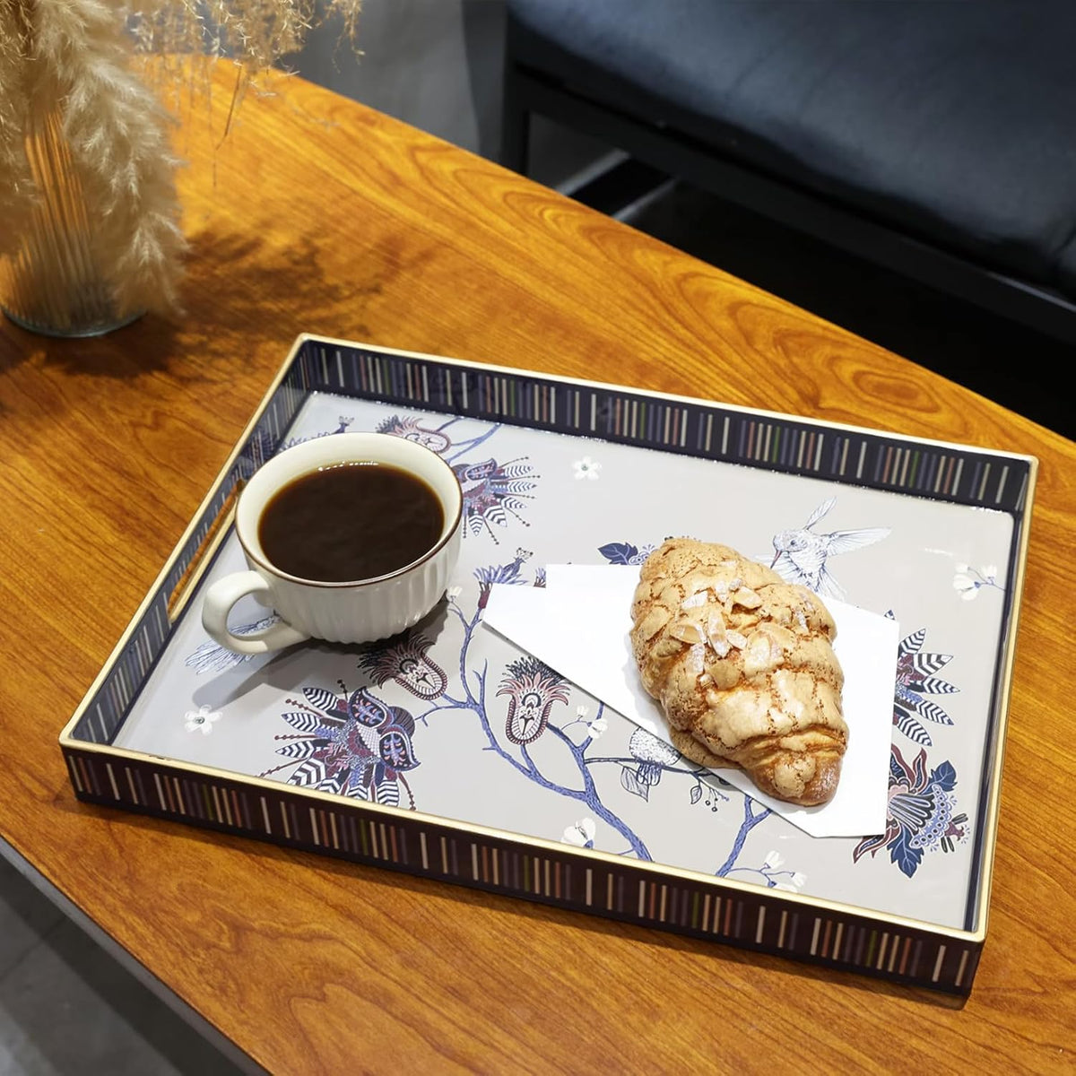 Rectangle Plastic Serving Tray with Handles, Elegant Decorative Tray for Coffee Table, Ottoman, Living Room, Kitchen, Outdoor Use. 12"*16"*1.6" A