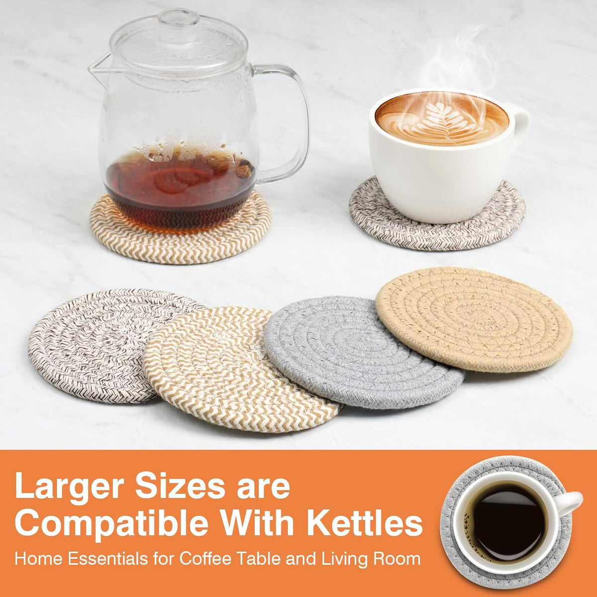 4.8" Drink Cotton Coasters Set of 2 – Boho Woven Drink Pads for Coffee & Tea, Neutral Sandstone Blend Fabric Cup Mats for Desk, Table, Nightstand