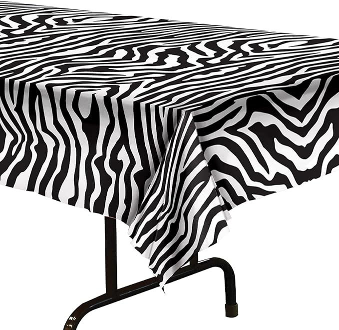Beistle Plastic Disposable Rectangular Zebra Print Table Cover Bachelorette Birthday Party Supplies and Tableware, 54"x108", Black, White