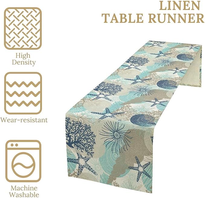 Marine Life Table Runner, Sea Underwater World Ocean Creature Table Runner for Dining Kitchen Party Holidays Home 13x70in