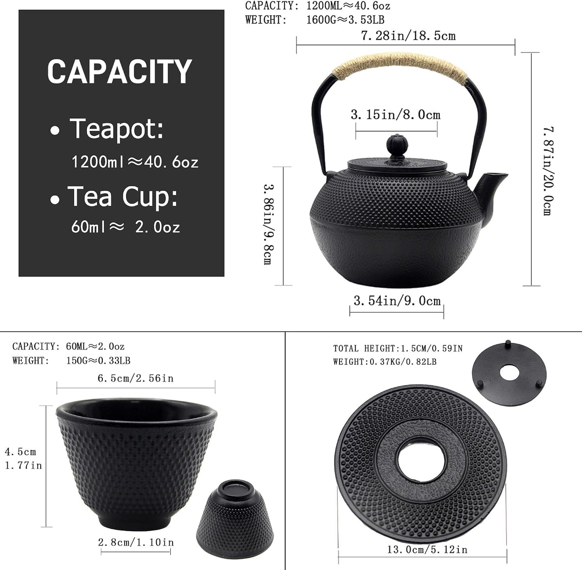 YJX 40.6oz Black Cast Iron Tea Pot Set with Teacups, Japanese Tetsubin