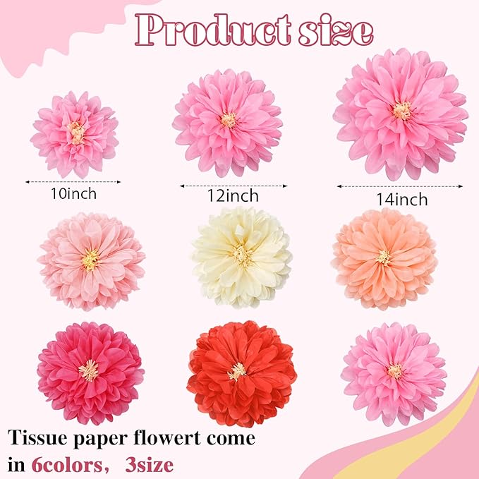 Geyee 18 Pcs Mexican Paper Flowers Colorful Fiesta Tissue Paper Flowers Pom Poms Mexican Carnival for Floral Party Backdrop Wedding Birthday Party Craft(Pink Series,10" 12" 14")