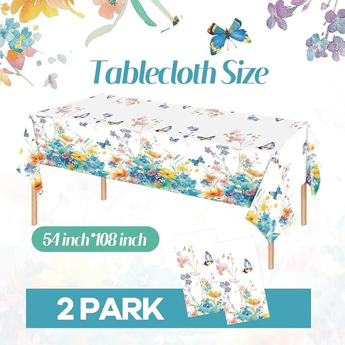 2 Pack Wildflower Tablecloth Party Decorations, 54 X 108Inch Floral Tablecloths Disposable Plastic Table cover Butterfly Wildflower Porcelain Table Decor for Birthday Garden Wedding Tea Party Supplies