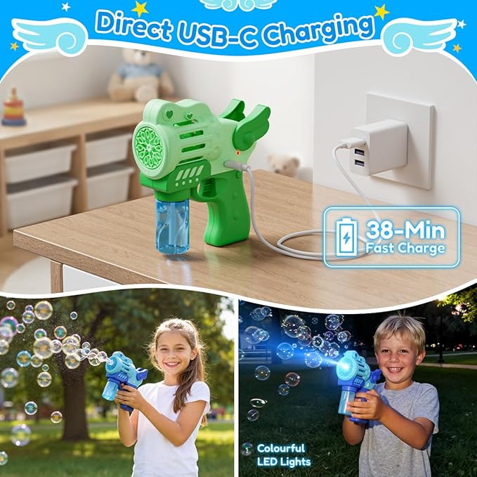 2 Pack Rechargeable Bubble Gun with 4 Bottles Solution, Bubbles Machine Blower Guns Toys with LED Lights for Toddlers Kids 3-12, Summer Toy, Party Favors, Easter, Birthday Gift