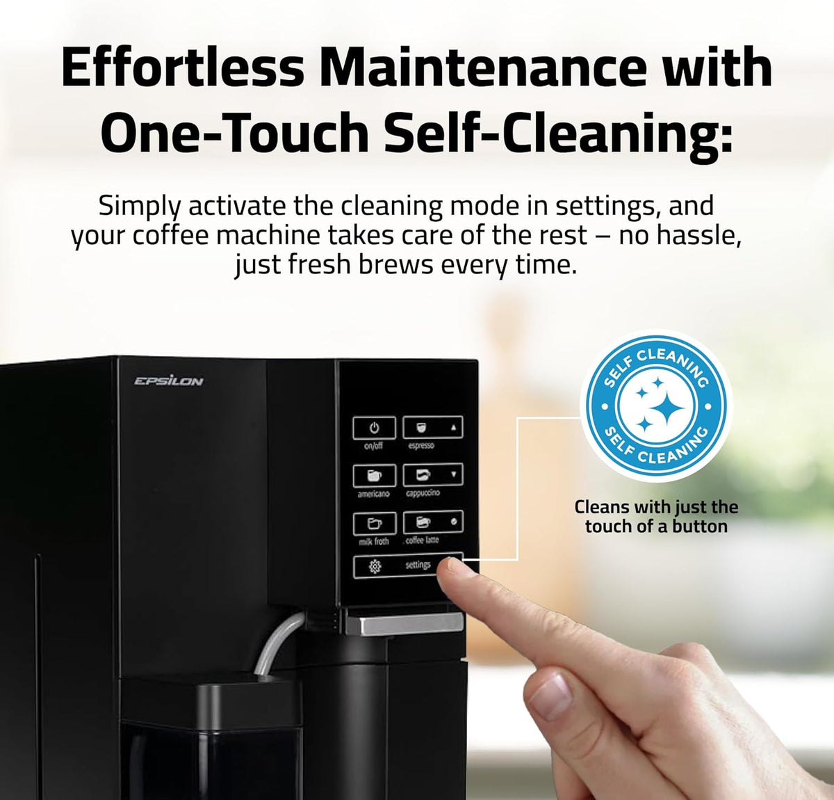 Epsilon Fully Automatic Coffee Machine with Grinder, Coffee & Espresso Maker Combo, Built-In Milk Frother, One Touch Self Cleaning