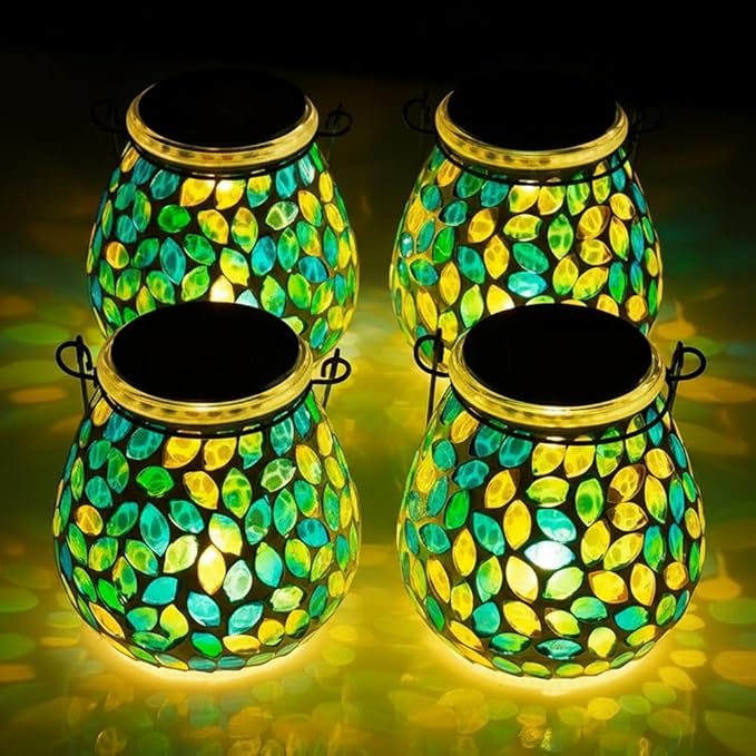 Starsoul 4 Pack Solar Lanterns Outdoor Waterproof, Unique Green Mosaic Glass Solar Garden Lights, Decorative Outdoor Lantern for Outside Patio Pathway Porch Yard Table