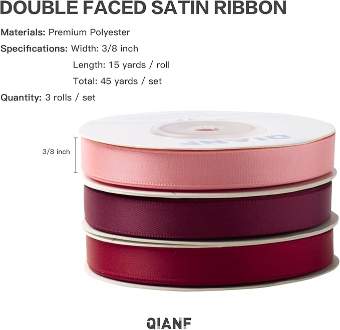 QIANF Burgundy Double Face Satin Ribbon 3/8 Inch x 45 Yards Wine Red Coral Pink Fabric Ribbon for Gift Wrapping, Flower Bouquets, Bows Making, Wedding Decor, Invitations, Christmas (3 Rolls *15Yd)