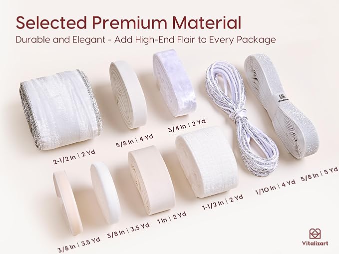 Vitalizart White Velvet Ribbon 9 Rolls with Gift Tags Luxury Textured Ribbon for Christmas Gift Wrapping Tree Ornaments Bows Wreaths Holiday Decorations