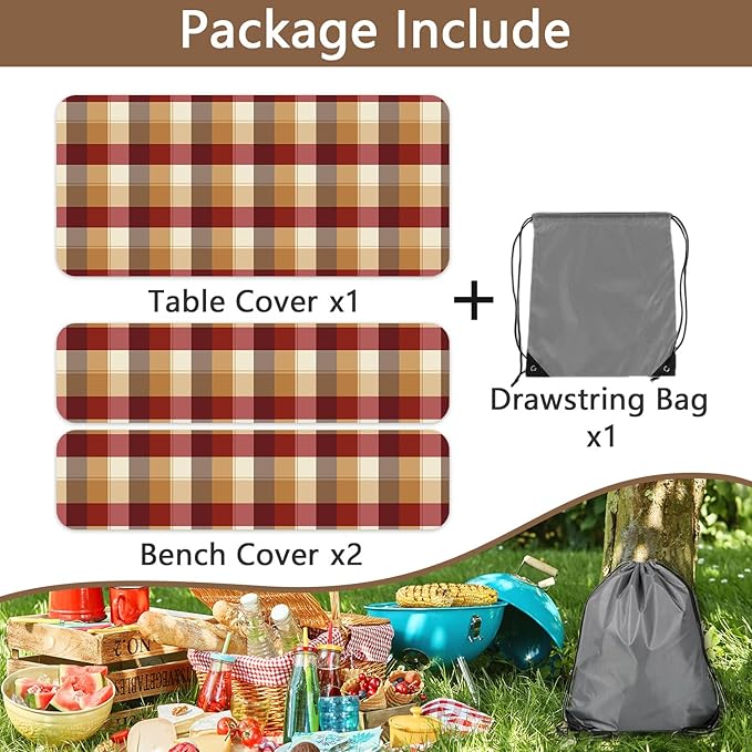 Checkered Style Picnic Table Cover with Bench Covers, Camping Essentials, Plaid Waterproof Windproof, Fitted Tablecloth Cover with Elastic Edge, for Indoor, Outdoor, 3 PCS, 30x60 Inch