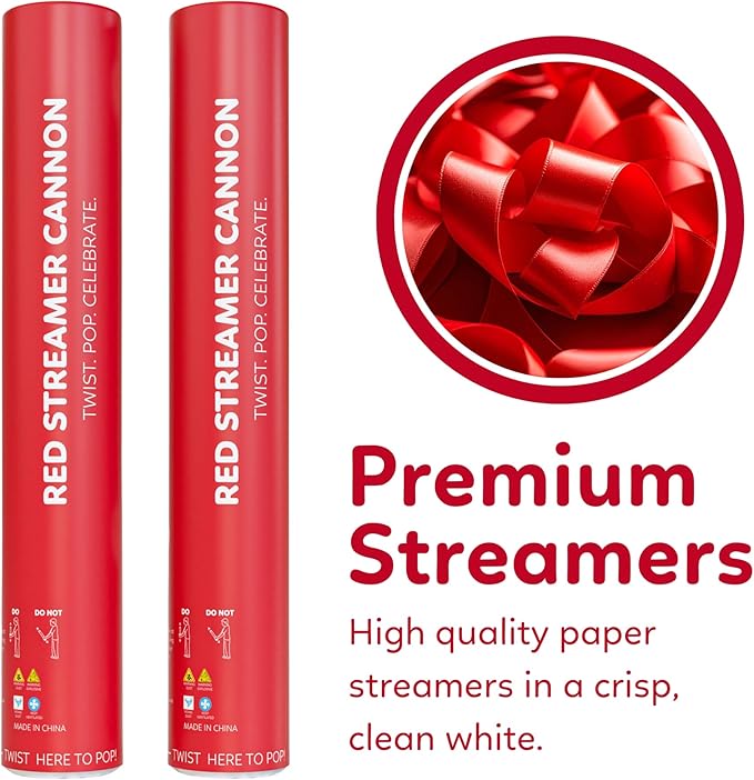 2 Pack Streamer Cannon Confetti Poppers | Biodegradable Red Confetti | TUR Party Supplies | Launches Up to 25ft | Giant (12 in) | Party Poppers for Graduation, Birthdays, Weddings, Valentine's