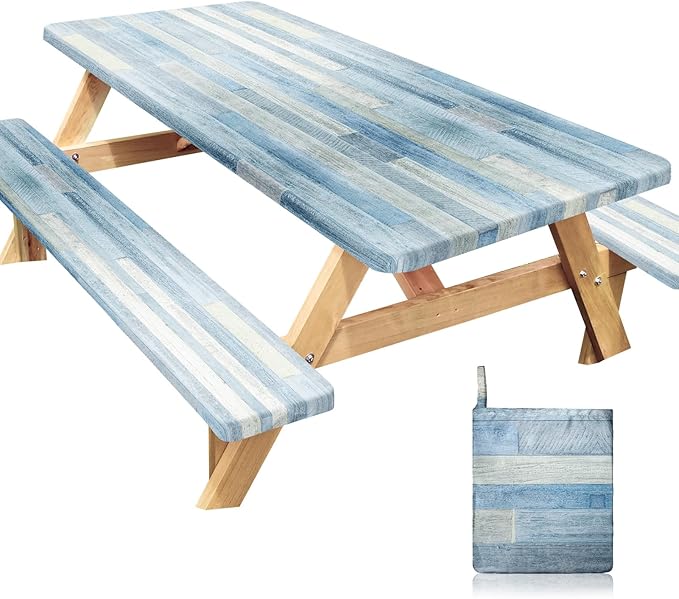 Picnic Table Cover with Bench Covers Windproof Waterproof Picnic Table Covers Camping Tablecloth with Self-Storage Bag, 72in, Grey