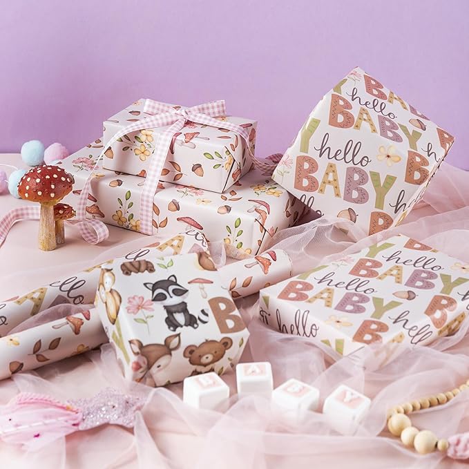 WRAPAHOLIC Kraft Baby Shower Wrapping Paper - Mini Roll - 3 Rolls - 17 Inch x 120 Inch - Little Woodland Animal Wrapping Paper for Baby Shower, Kids Girls Boys Birthday