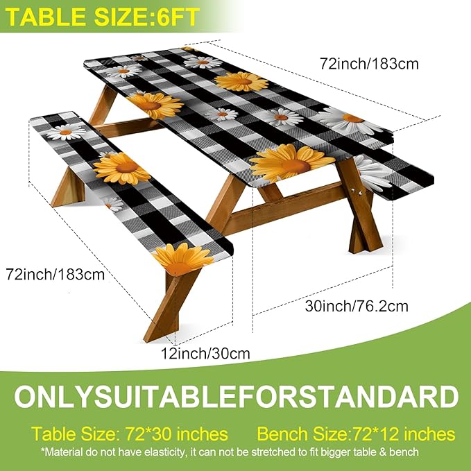 ANNA QUEEN 6FT Sunflower Picnic Table Cover Set 3PCS 72"x30", Waterproof Outdoor Bench and Tablecloth Furniture Protection for Camping Beach BBQ Patio Backyard (Small Flowers)