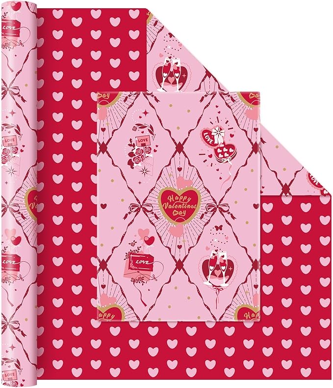 WERNNSAI Valentines Wrapping Paper Roll - 1 Roll 17’’ x 33ft Valentines Day Wrapping Paper Pink Red Heart Gift Packing Decorations for Men Women with Cutting Line Bridal Shower Wedding Supplies