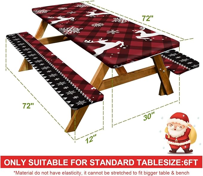 Picnic Table Cover with Bench Covers Set of 3, Elastic Fitted Tablecloth for 6 Foot Tables, Washable Polyester Tablecloths for Camping, Indoor & Outdoor