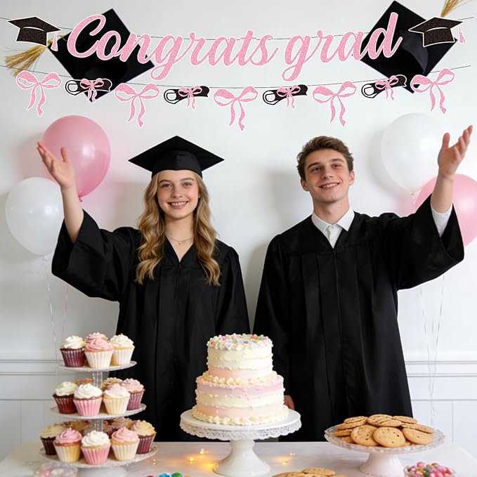 Pink Graduation Decorations 2026-2PCS Pink Bow Congrats Grad Banners Party Decor, Bowknot Graduation Party Supplies for Primary Middle High School University College (No-DIY)