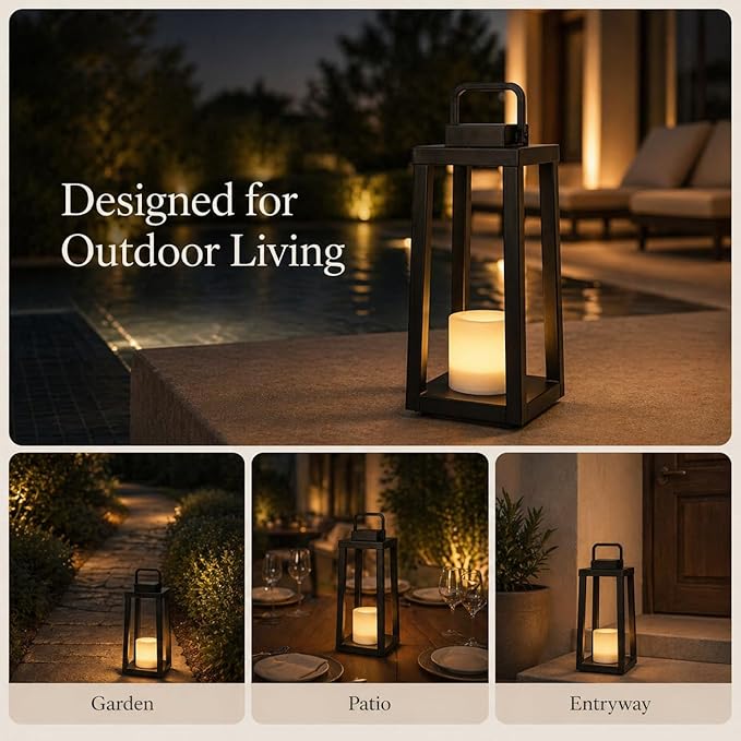 H16 Modern Outdoor Solar Lantern Black Metal Frame with Flickering LED Candle Waterproof and Portable for Patio Deck or Pathway Decorative Sconce with Warm LED