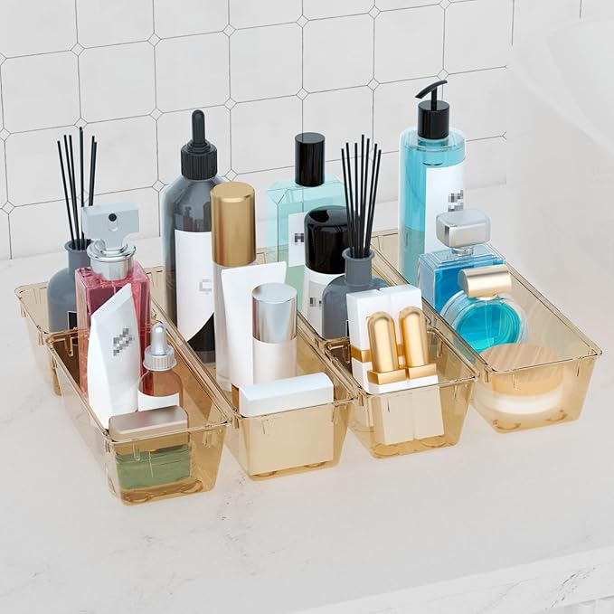 WOWBOX 12 Pack Clear Drawer Organizer Set, Acrylic Drawer Storage Trays, Storage Bins for Makeup, Cosmetics, Jewelries, Utensils, Gadgets, Office, Champagne