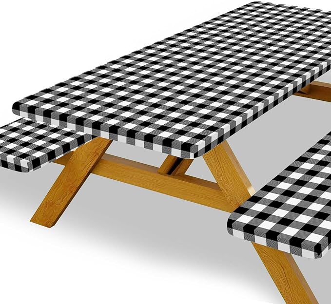 Picnic Table Cover with Bench Covers, Black and White Checkered Waterproof and Windproof, Fitted Tablecloth Cover with Elastic Edge, for Outdoor, Garden, Camping, 3 Pieces Set, 30x96 Inch
