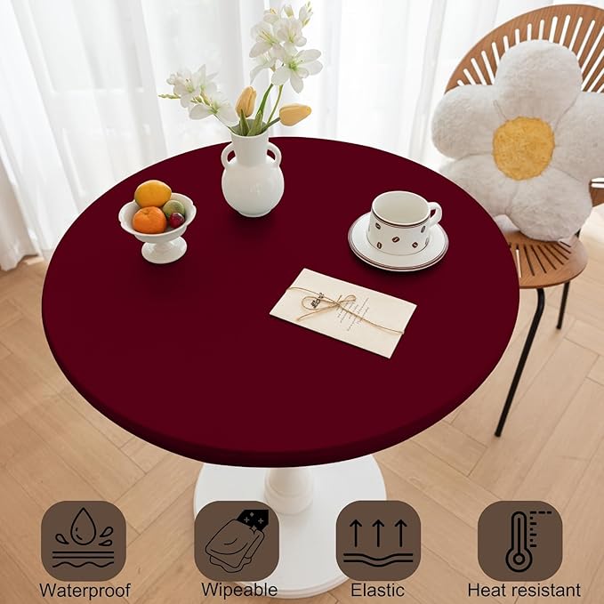 Round Fitted PU Tablecloth with High Elastic Edge 55 Inch Dia Waterproof Oil Proof Table Cloth Anti-Scald Stain-Resistant Wipeable Table Cover for Indoor Outdoor Picnic (Red,55" Dia)
