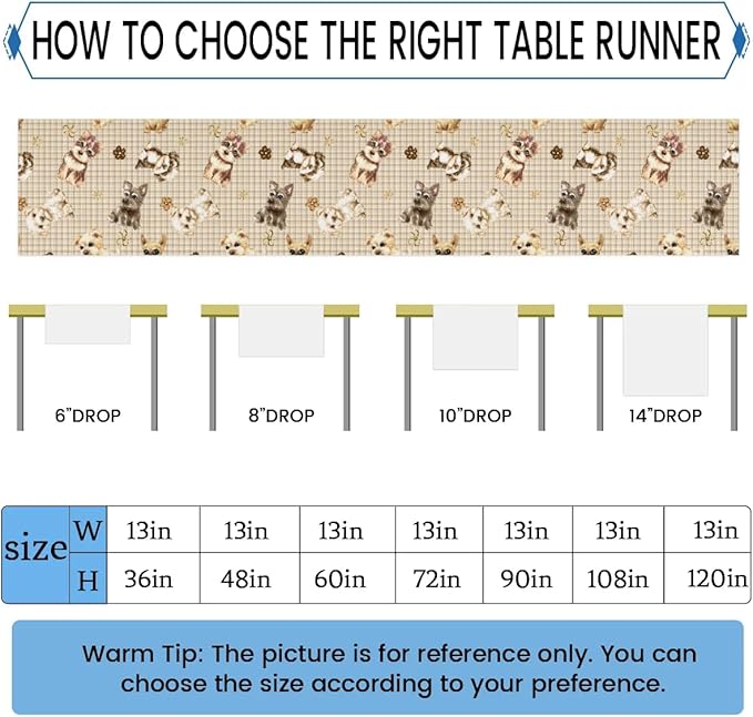 Cute Puppy Table Runner Kitchen Dining Table Runner 13*60in Table Center Decor for Indoor Outdoor Home Holiday Party