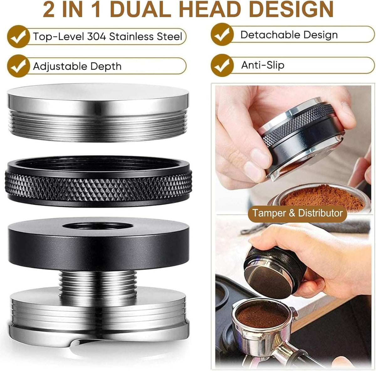 54mm Coffee Tamper and Distributor, Dual Head Coffee Leveler Fits for 54mm Breville Portafilter, Adjustable Depth Espresso Hand Tampers