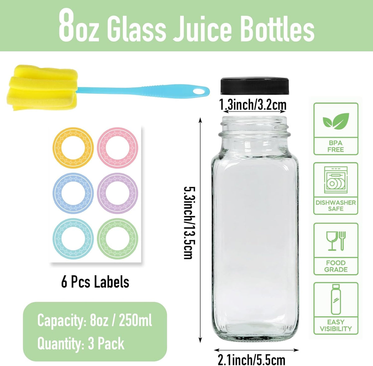 3 pack 8 oz Glass Juice Bottles with Lids, 250 ml Reusable Glass Water Bottles, Empty Drink Containers Drinking Jars with Brush, for Milk, Juicing