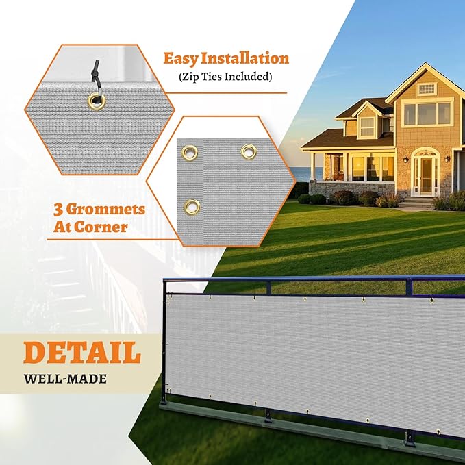 2.5' x 39' Balcony Privacy Screen Fence Cover with Zip Ties Grommets for Apartment Patio Porch Deck Backyard Outdoor (Gray)