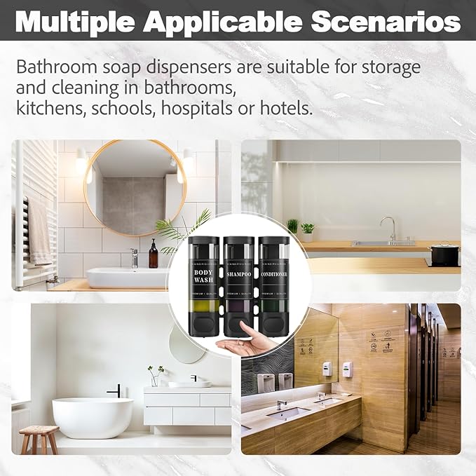 CeeVian Shampoo Dispenser Shower Dispenser 3 Chamrber No Drill Wall Mounted for Shower Shampoo and Conditioner Dispenser for Bathroom, Toilet, Hotel & Kitchen,3 * 300ML (Black)