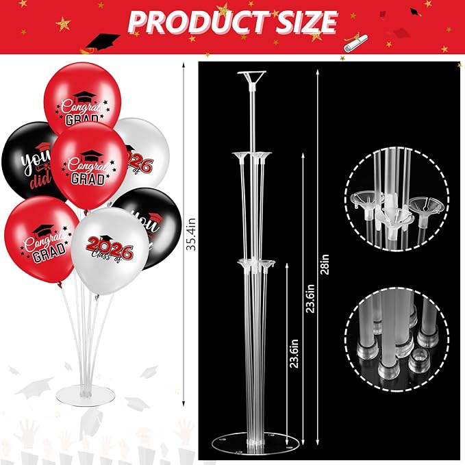 4 Set Graduation Party Balloon Stand Kits for Table Centerpieces Balloon Tables Holders with Congrats 2026 Graduation Party Decorations for School College Photo Props(Red)