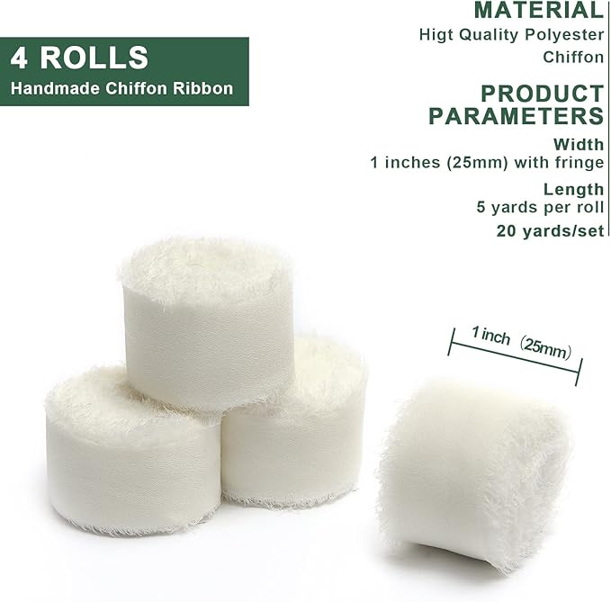 4 Rolls Cream White Handmade Fringe Chiffon Silk Ribbon 1" W x 5Yd Per Roll,Frayed Edges Ribbon Set for Gifts Wrapping,Wedding Invitations,Bouquets,DIY Crafts (1" x20Yd, Cream White)