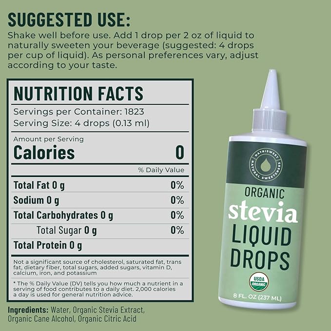 Organic Stevia Liquid Drops, 8 fl oz, Liquid Stevia Sweetener from Stevia Extracts, Zero Calorie Sweetener, Pure Stevia Liquid