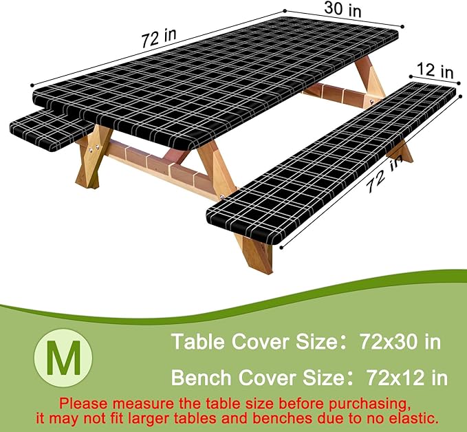 Picnic Table Cover with Bench Covers Portable Table Cloth Built-in Storage Pocket Fitted Tablecloth with Elastic Edges Waterproof Camping Essentials for Indoor Outdoor Rv,72in,Black