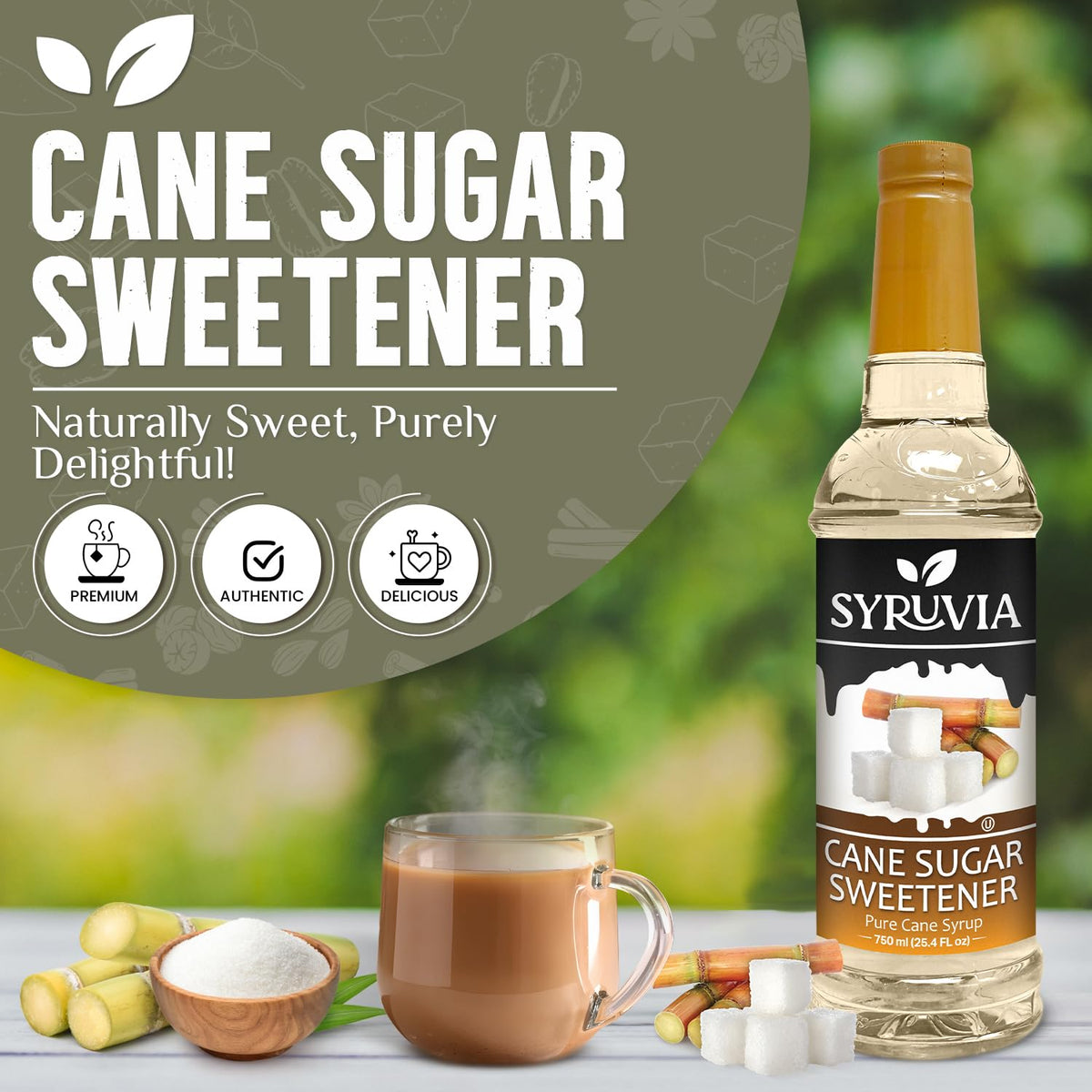 Syruvia Cane Sugar Sweetener Coffee Syrup - 25.4 fl oz. Premium Coffee Flavoring Syrup. Kosher and Gluten-Free. Perfect for Enhancing Drinks, Sodas