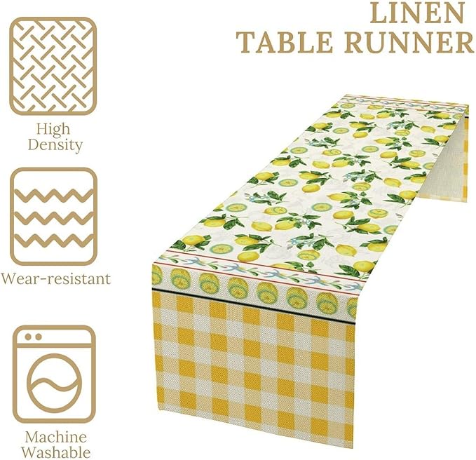 Lemon Buffalo Plaid Table Runner,Rustic Farm Fruit Aesthetic Country Farmhouse Dining Table Decoration for Home Holiday Party Dresser Kitchen Cabin Restaurant Wedding Decor 13×120in