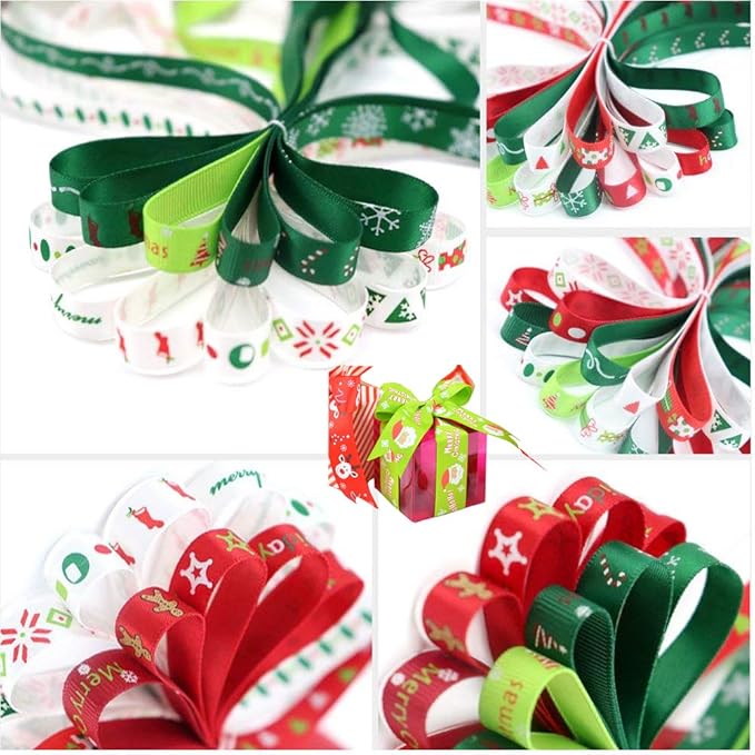 Christmas Ribbons for Gift 24 Yards 7/8" Grosgrain Fabric Ribbon for Xmas Day Party Decor Holiday Box Gift Wrapping Hair Bow Accessories DIY Festival Christmas Tree Ribbon (12Colors x 2Yds Each)