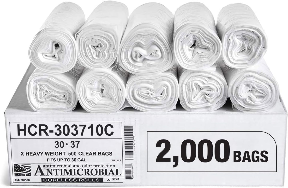 Aluf Plastics High Density Trash Bags, 30 Gallon, 2000 Count, 10 Micron (eq), 30" x 37", Clear, for Bathroom, Office, Industrial, Commercial, Janitorial, Municipal, Recycling
