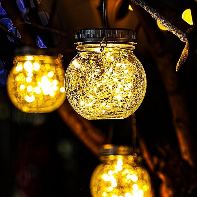 Cooo 12 Pack Crackle Glass Solar Lantern with 30 LED Firefly Lights– Waterproof Outdoor Hanging Lamp 215% Larger Solar Panel, Anti-Rust Lids Decorative Lighting for Garden Patio Table