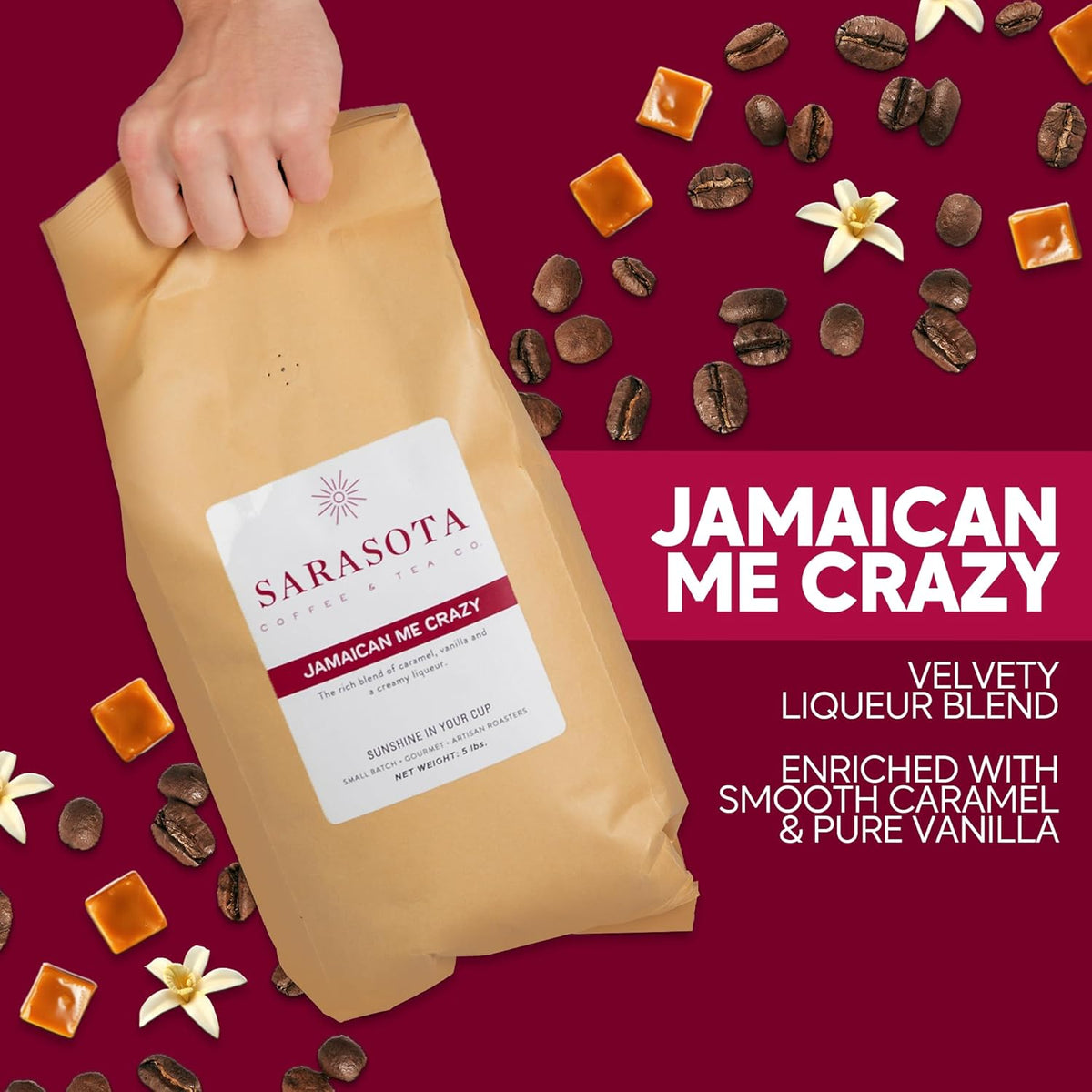 Sarasota Coffee Whole Bean Jamaican Me Crazy, Medium Roast Gourmet Flavored Coffee Beans, Low Acid, Mold Free, Specialty Grade Bulk Beans, 5lb (80 oz)