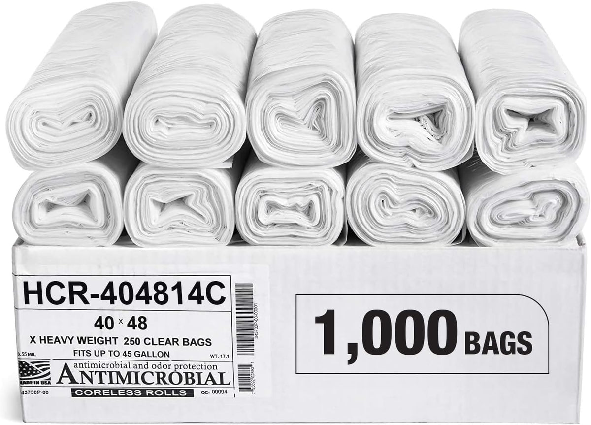 Aluf Plastics High Density Trash Bags, 45 Gallon, 1000 Count, 14 Micron (eq), 40" x 48", Clear, for Bathroom, Office, Industrial, Commercial, Janitorial, Municipal, Recycling
