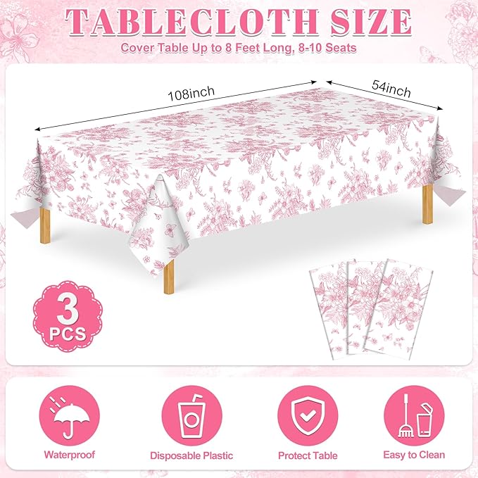 3 Pcs Pink Floral Plastic Tablecloths, 54 X 108Inch Tea Party Tablecloth Disposable Wedding Table Cloth Pink and White Porcelain Tables Decor for Garden Wedding Tea Party Birthday Baby Bridal Shower