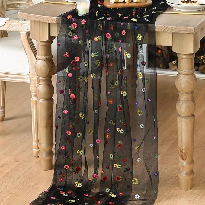 Artoid Mode Black Embroidery Daisy Spring Gauze Table Runner 59x120 Inch 10FT, Seasonal Sheer Kitchen Dining Holiday Wedding Birthday Table Decor for Home Party