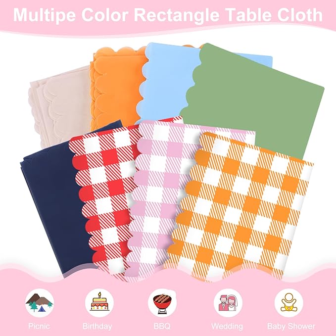 NatNarr 12 Pack Pink Gingham Tablecloths, 54 X 108Inch Scalloped Pink and White Checkered Table Cloth, Disposable Party Table Covers for Wedding Picnic Birthday Baby Bridal Shower Anniversay
