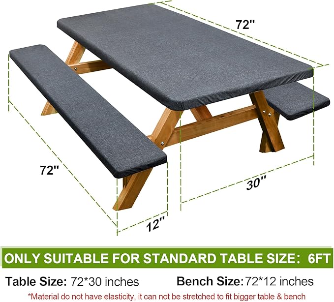 Picnic Table Cover with Bench Covers Camping Essentials Waterproof Windproof Camping Tablecloth with Drawstring Bag, Fitted Rectangle Tables and Seats, 72in, Heather Grey